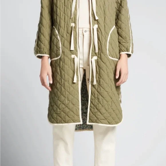 THE GREAT. Olive Quilted Teddy Jacket with Cream Details - Picture 5 of 6